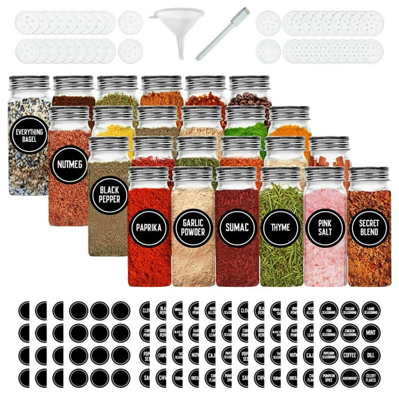 Nevlers 6 oz. Glass Spice Jar Set (24 Pack) | Herb Container Set With 6 oz. Square Spice Jars , Airtight Metal Lids and Accessories