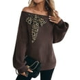 thumbnail image 3 of Female Bows Sweater Off the Shoulder Pullover Sweaters Oversized Long Sleeve V Neck Knit Tops Brown S, 3 of 10