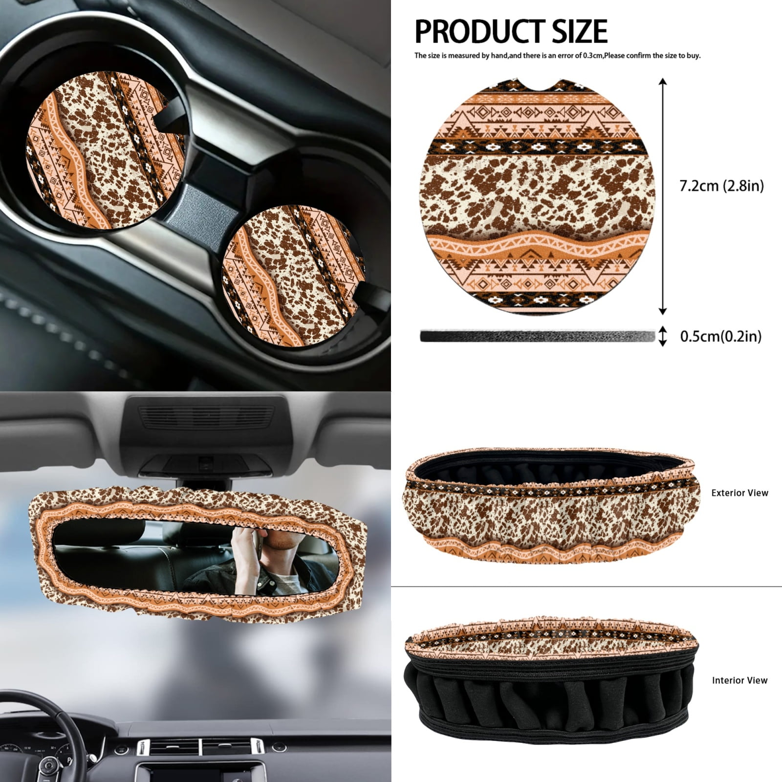 Renewold American Tribal Cow Print 12 PCS Front Car Seat Cover Set with Steering Wheel Seat Belt Armrest Rear View Mirror Cover Trash Can Coaster Keychain Air Vent Pouch Auto Decor Universal Fit