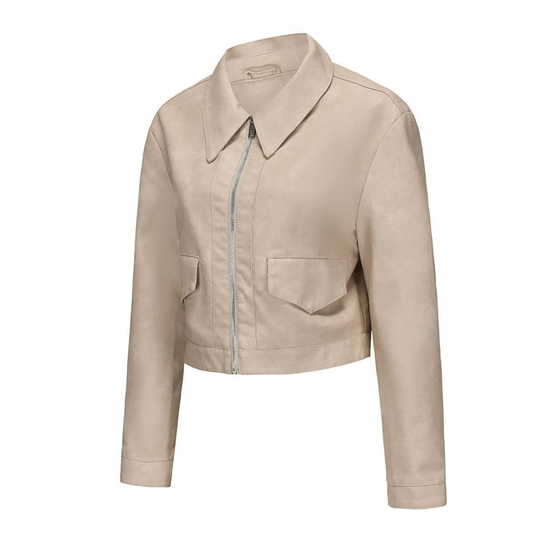 Feancey Women's Cropped Faux Leather Jacket Zip Up Collared