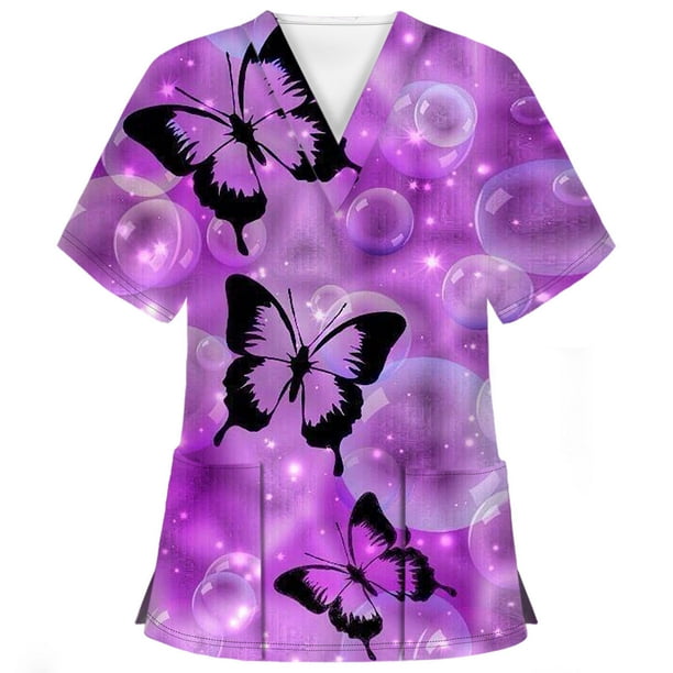 FAFWYP Plus Size Scrubs for Women,Womens Butterfly Print Scrubs Tops