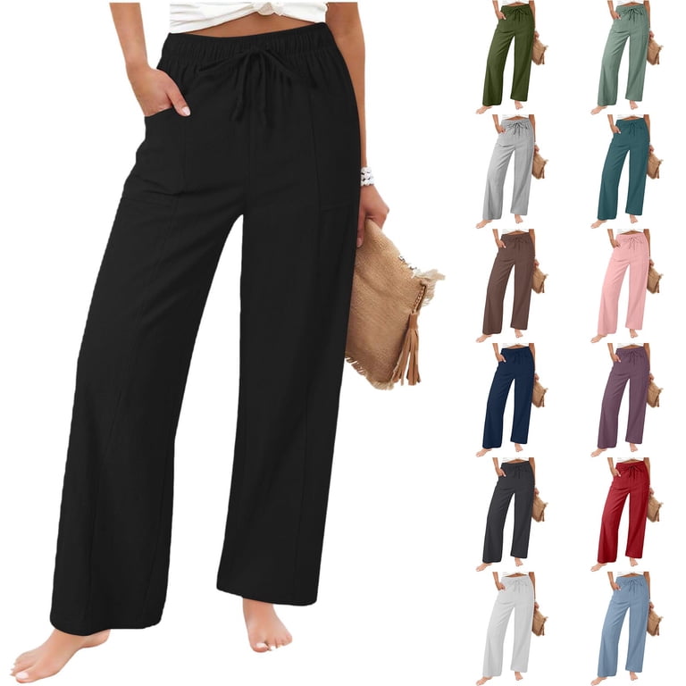 Gsakboxl Linen Pants Women High Waist Pocketed Wide Leg Solid