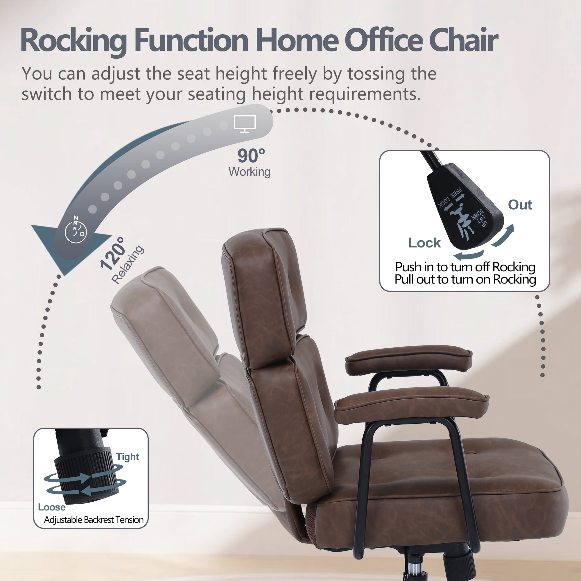 PU Leather Executive Office Chair, Extra Wide Ergonomic Computer Desk Chair with Lumbar Support & Swivel Rocking, Adjustable Height Thickened Cushions Mid Back (Brown)