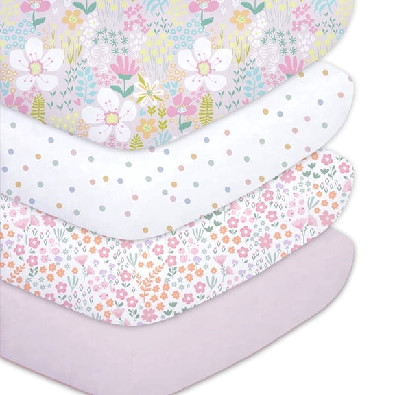 Plushii Baby Crib Sheets Fitted 4 Pack for Boys & Girls, 52'’ x 28'' Soft Microfiber Toddler Bed Sheets for Standard Crib & Toddler Mattresses (Flower)