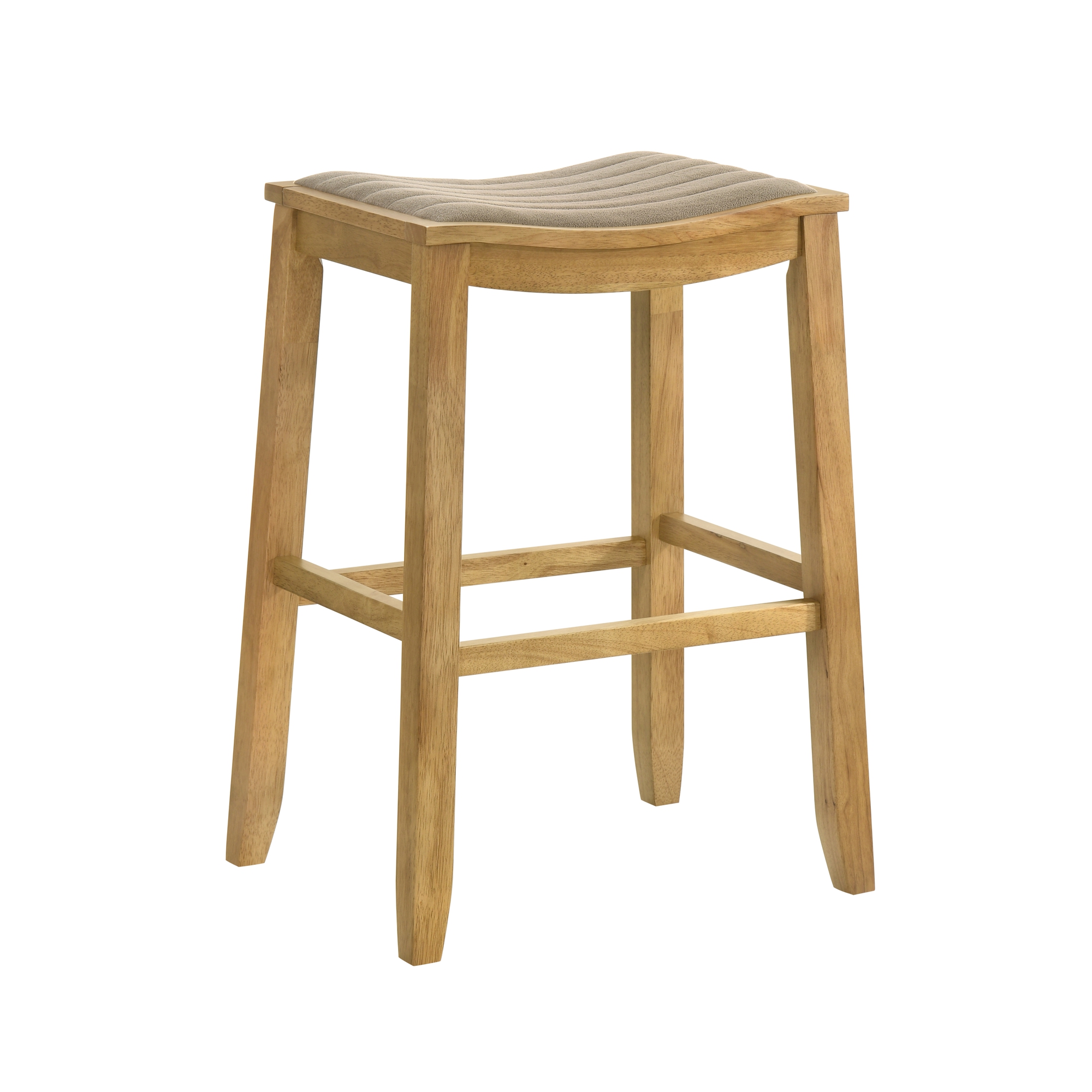 Iyani Coastal Modern Wood Bar Height Kitchen Bar Stool in Amber Glow Finish with Twilight Taupe Fabric Upholstered Seat