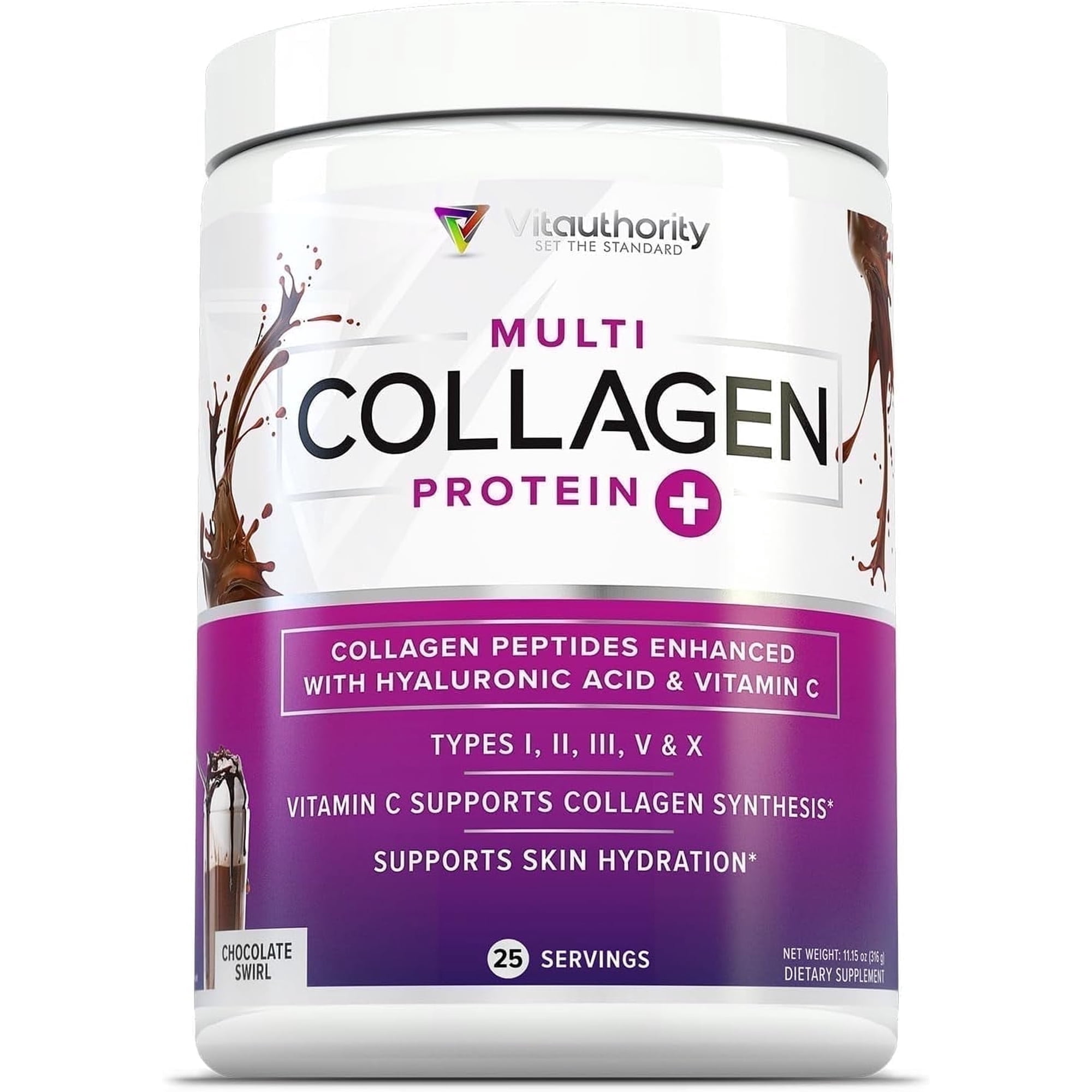 Vitauthority Multi Collagen Peptides Hydrolyzed Protein Powder with Hyaluronic acid & Vitamin C, Chocolate, 11 oz