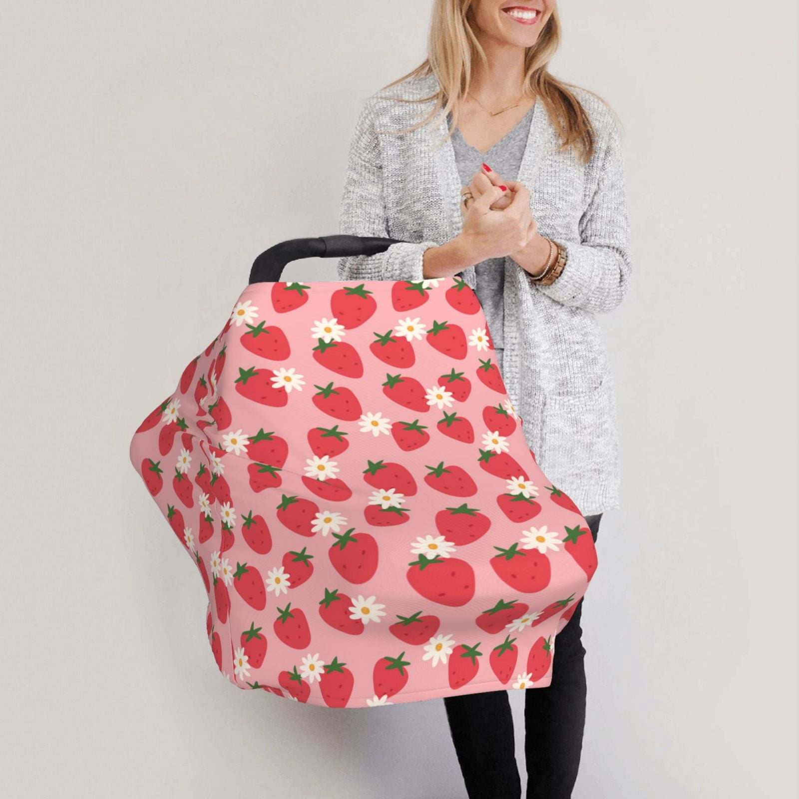 Fotbe Strawberry And Flowers Pattern Car Seat Covers for Babies, Nursing Breastfeeding Cover Infant Carseat Canopy, Soft Stretchy Carrier Cover