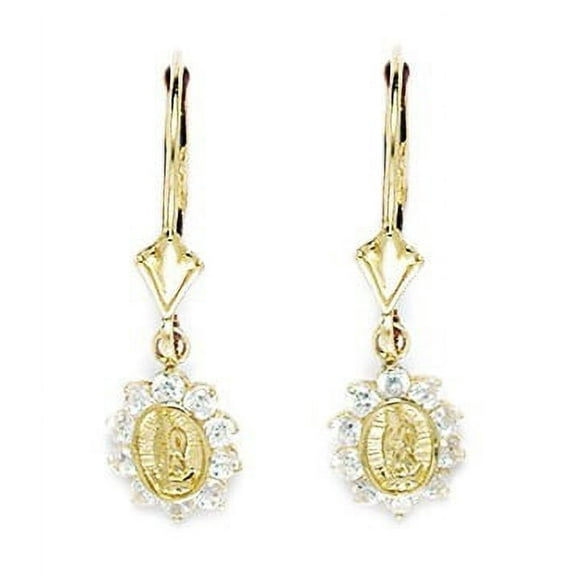 14k Yellow Gold Cubic Zirconia Small Virgin Mary Drop Leverback Earrings - Measures 26x8mm
