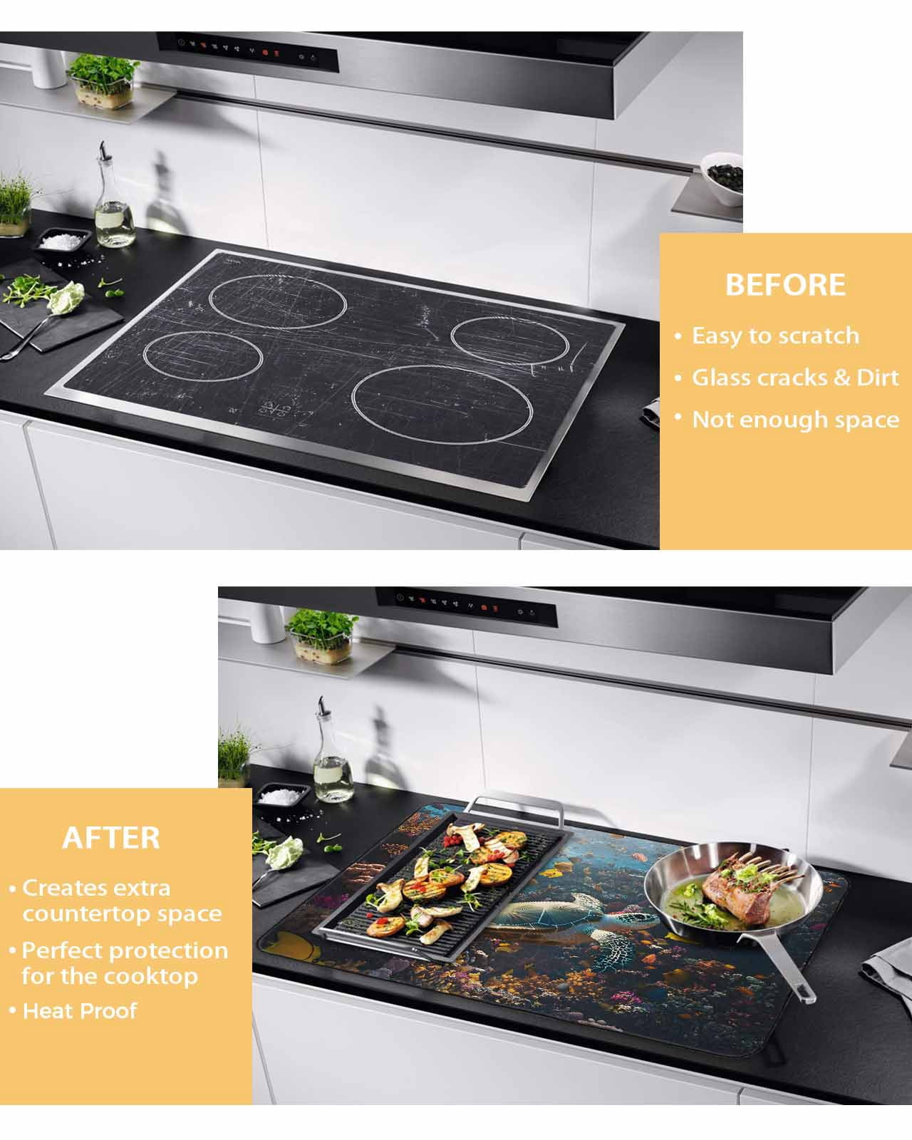 nqOlkjepod Large Induction Cooktop Protector Mat 36"x21", Turtle Stove Top Covers for Electric Stove, Ocean Coral Sea Fish Modern Summer Animal Stove Burner Cover Mats, Glass Top Stove Cover