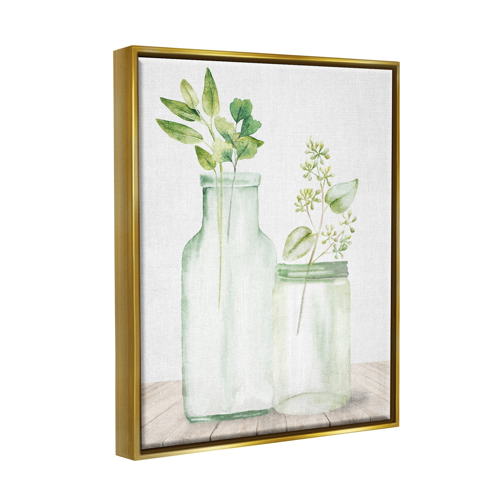 Stupell Industries Herbal Plant Sprigs Country Glass Jars Rustic Painting Graphic Art Metallic Gold Floating Framed Canvas Print Wall Art, Design by Kim Allen
