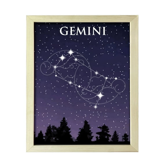 Designs ByLITA Gemini Zodiac Sign Night Sky, 8 x 10 Wooden Wall Print Inspirational (Framed) | Home and Office Decor | Astrology Star Sign Bedroom Decoration | Perfect Gift