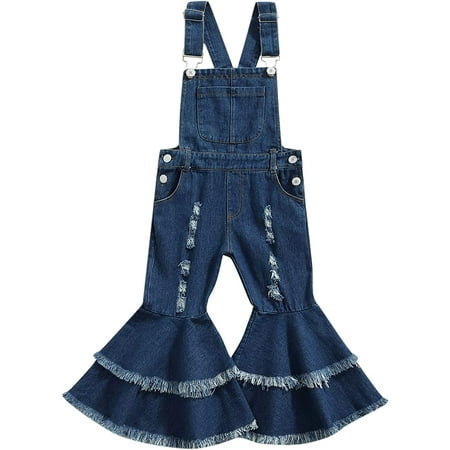 

PIKADINGNIS Kids Toddler Baby Girls Denim Bib Overalls Ripped Frayed Hem Adjustable Straps Bell Bottoms Flared Jeans Baggy Pants