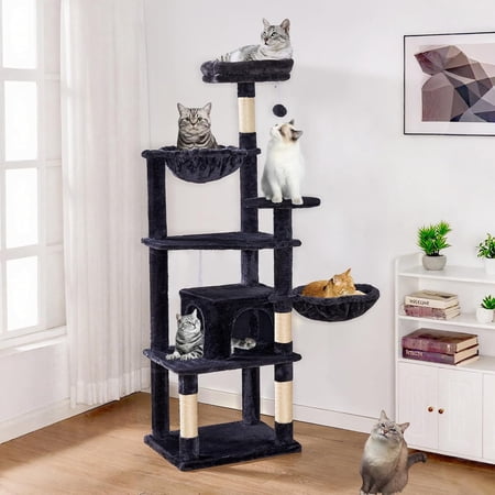 63in Tall Tree for Indoor Large Adult Cats Gray Tower | Cute Stand with Posts Basket Condo Plush Perch Multi-LevelCat Condo for Climbing Interactive and