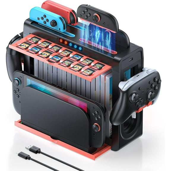 Organizer and Charging Station for Nintendo Switch 2/1, Charger Dock for Joycon 2/1, Retractable Storage Stand for Switch 2 Console, 16 Game Disc, 14 Game Cards, for Pro Controller