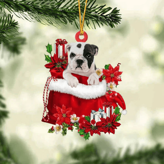 Acrylic 2D FLAT - Bulldog In Gift Bag Christmas Ornament - Holiday Tree Decoration