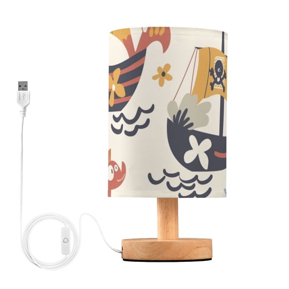 Pirate Ship Flowers Leaves Table Lamp USB Bedside Desk Nightstand Lamp Printed Gifts Small Lamp Wood Base for Bedroom Living Room Kids Room College Dorm