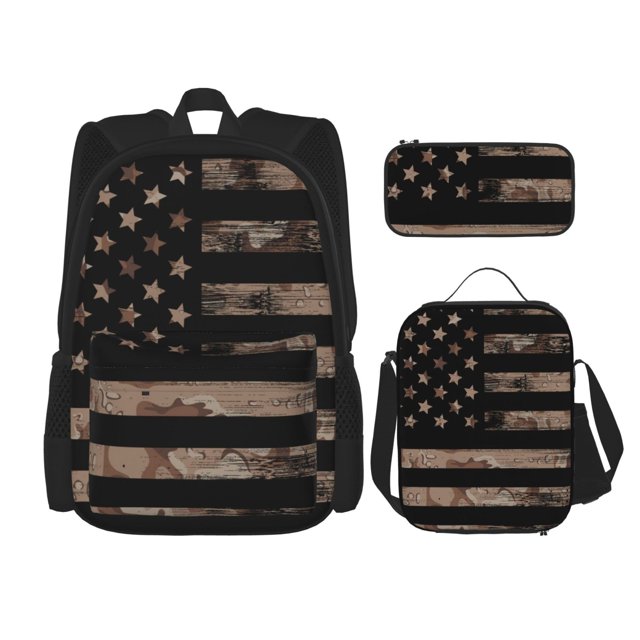 Fotbe American Flag with Desert Camouflage Set Escolar 3 en 1 para Niños - Mochila Duradera con Lonchera Aislante y Estuche para Lápices - Mochila Escolar para Niños y Niñas