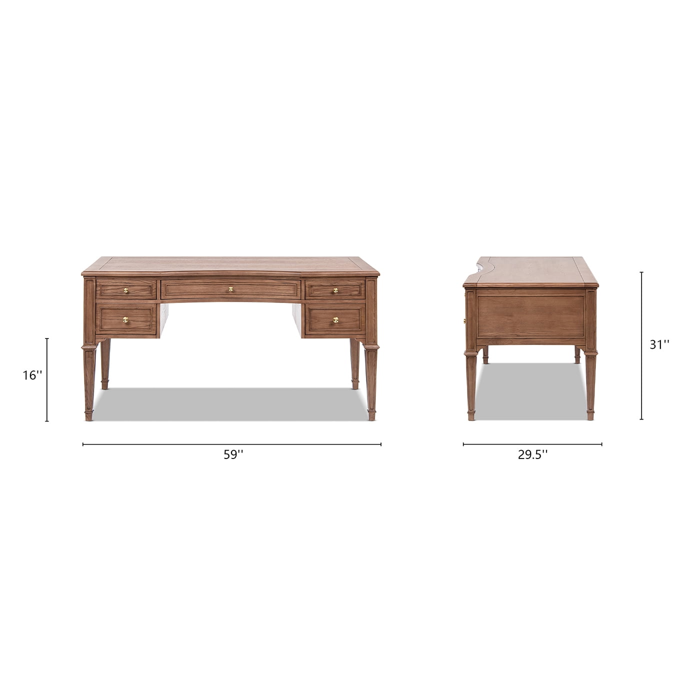 Dauphin Gold Accent 5-Drawer Wood Executive Desk, Brown Ash Wood & Veneer