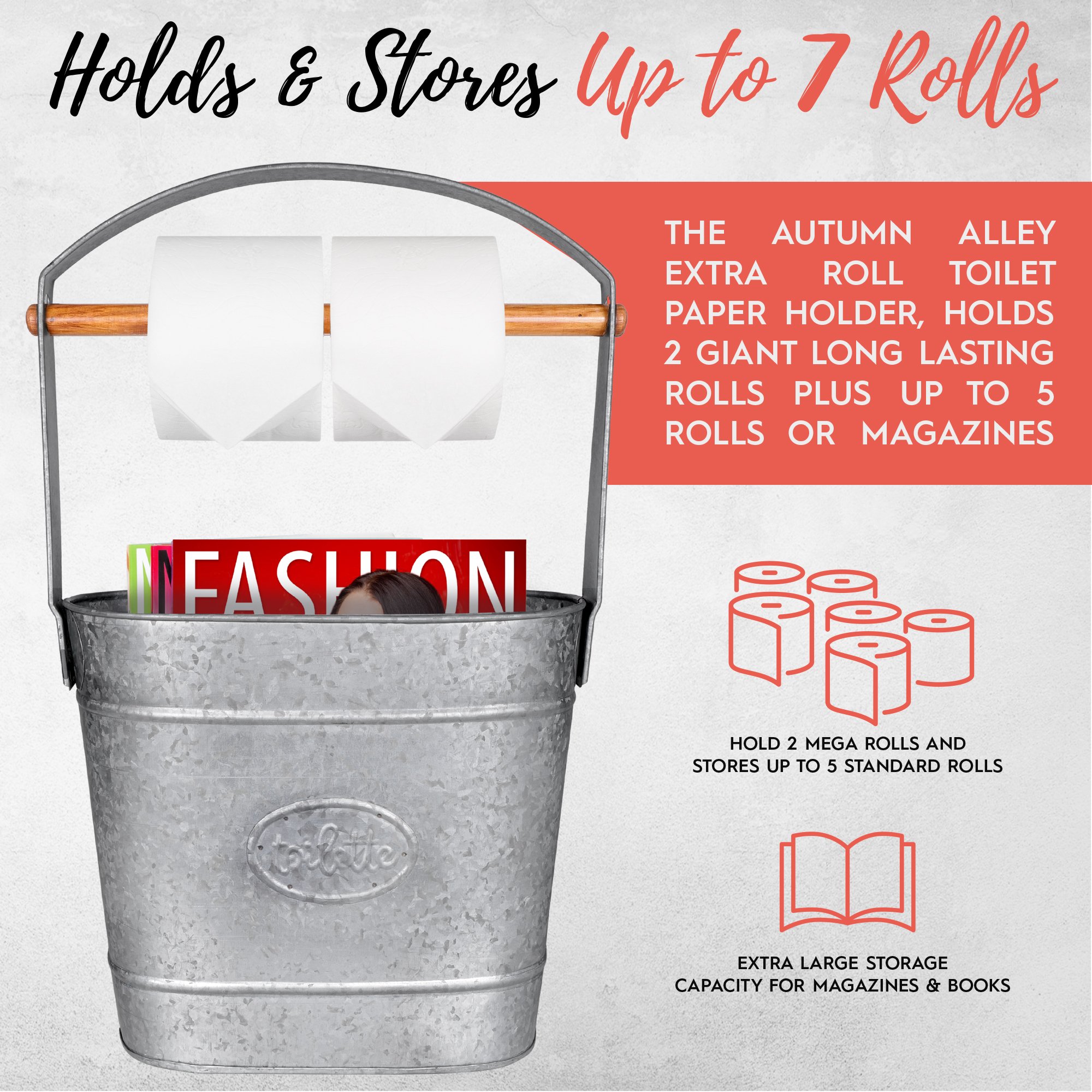 Autumn Alley Galavnized Standing Toilet Paper Holder with Bucket Extra Roll Storage