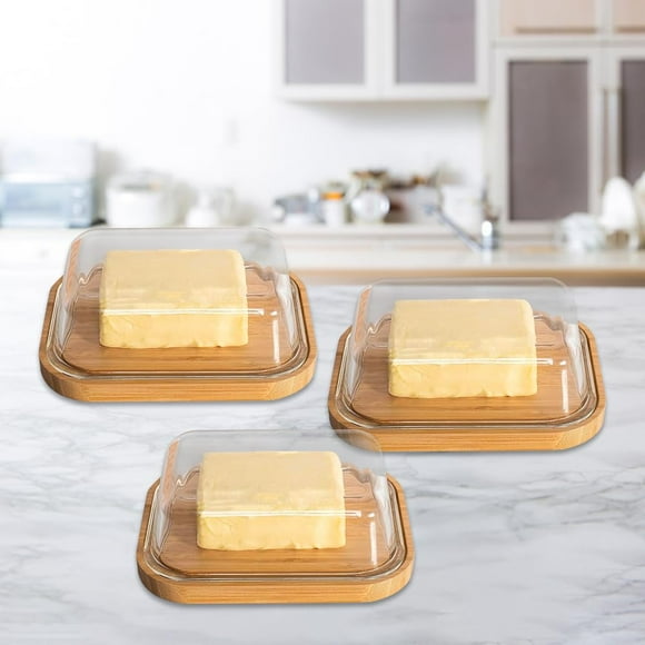 Borosilicate Glass Butter Dish With Bamboo Lid Pack Of 3, Transparent | Borosilicate Glass Container For Storage | Microwave Safe | Bamboo Butter Board