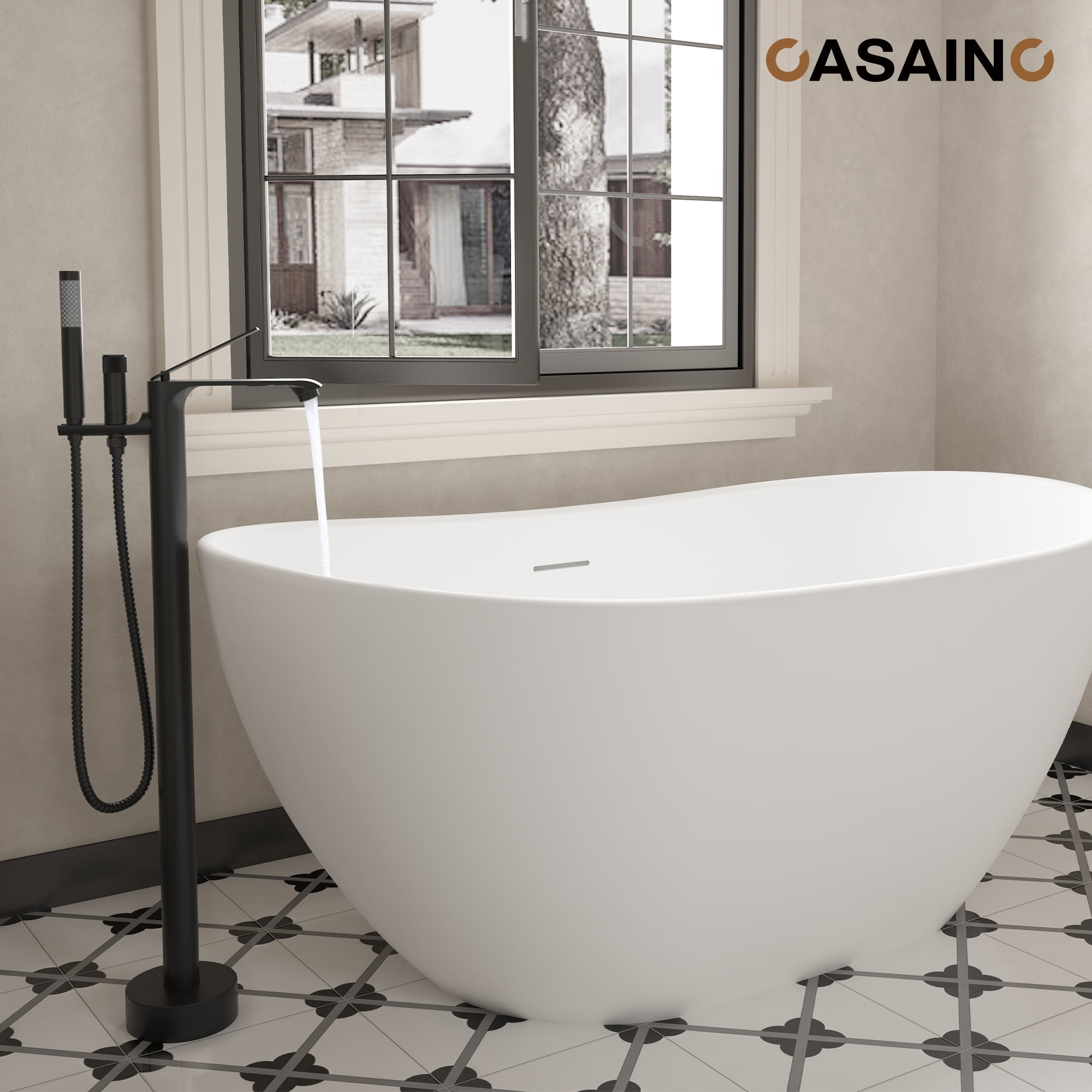 CASAINC Single-Handle Freestanding Floor Mount Tub Filler Faucet with Handheld Shower in Matte Black