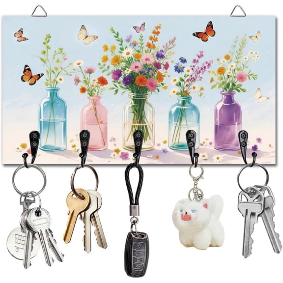 Wildflowers Vases Key Holder Wall Mounted Display Wooden Key Racks with 5 Metal Hooks Keys Hanger Storage Organizer for Wall Decorative Door Entryway Hallway Kitchen New Home Gift