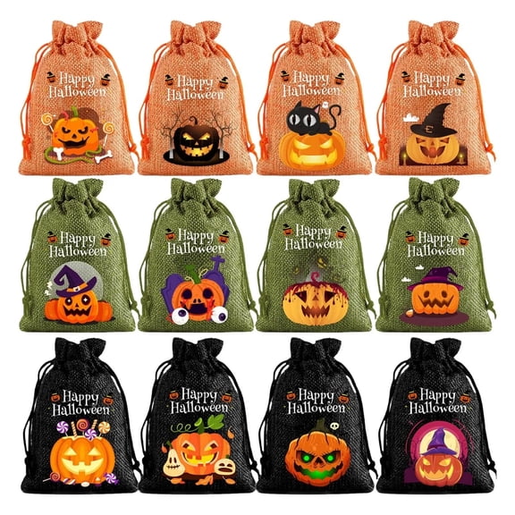 12 Pcs Halloween Burlap Drawstring Gift Bags Trick or Treat Candy Pouches for Halloween Party Favor Decorations Halloween Treat Bags for Halloween Party Supplies, 5.5x3.9 Inch, Orange