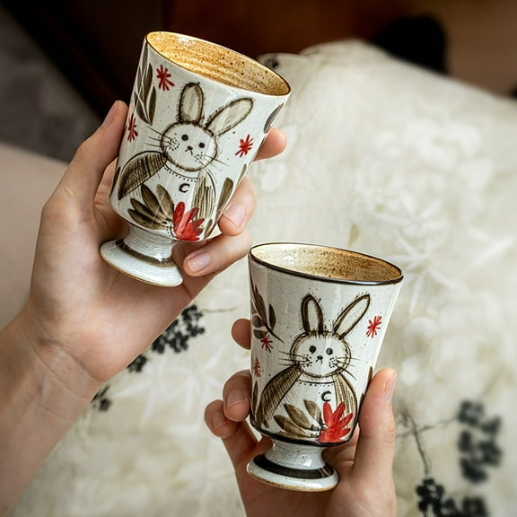 Cute Bunny Ceramic Goblet Cups Set of 2 with Gift Box, Handcrafted Stoneware Mug, Vintage Animal Design Tea & Coffee Cups, Christmas Gift