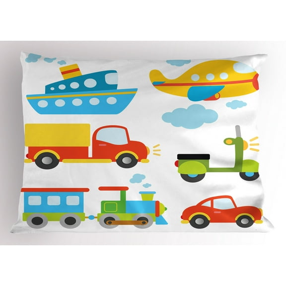 Ambesonne Cartoon Pillow Sham, Transportation Theme, 26" X 20", Multicolor
