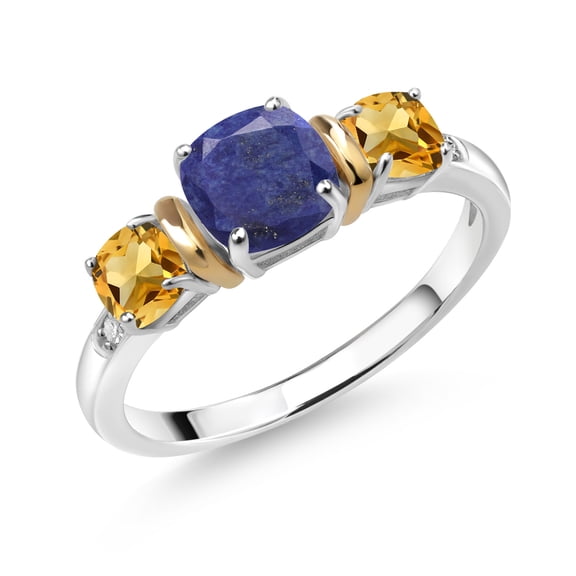 Gem Stone King 1.62 Ct Cushion Blue Lapis Yellow Citrine 925 Silver and 10K Yellow Gold Diamond 3-Stone Ring (Size 6)