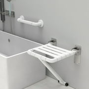 Folding Shower Seat White 14.5x 13.4 Inch , Wall Mounted Stainless Steel Shower Seats for Bathroom, Fold Down Shower Chair Shower Bench w/ Assist Garb Bar for Handicap Elderly Injury Senior