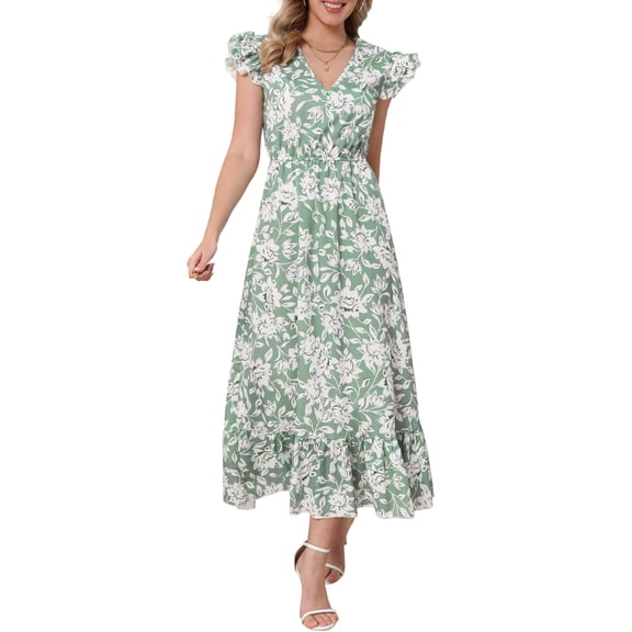 Women Floral Dresses Summer Bohemian V Neck Cap Sleeveless A-Line Maxi Sun Dress S Green