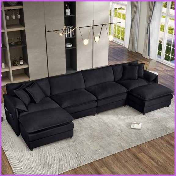 Modern Chenille Modular Sectional Sofa, 6-Seater U-Shaped Deep Seat Couch with 2 Movable Ottomans, DIY Combination for Living Room