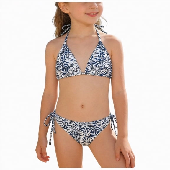 Yindaity Swimsuits for Girls Girls Swimsuits Color Block Two Piece Bathing Suit Adjustable Straps Teen Bikini Sets with Chest Pad(Navy,5-6 Years)