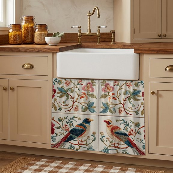 Vintage Flowers Birds Small Cabinet Curtains 11"W x 13"L, Spring Floral Retro Art Farmhouse Sink Skirt Dust-Proof Short Curtain for Bathroom Vanity Storage Cubby Desk, Self Adhesive Privacy Drapes