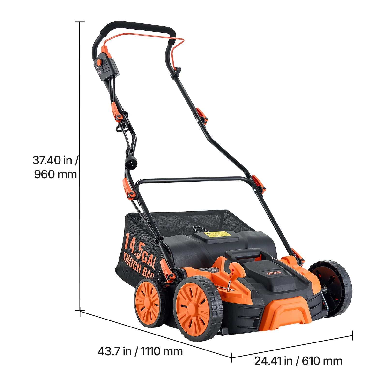 VEVOR 2-in-1 Electric Dethatcher and Scarifier, 16-Inch 15 Amp, Corded Lawn Dethatcher with 14.5-Gallon Thatch Collection Bag, 5-Position Depth Adjustment, Walk Behind Machine for Garden Yard Grass