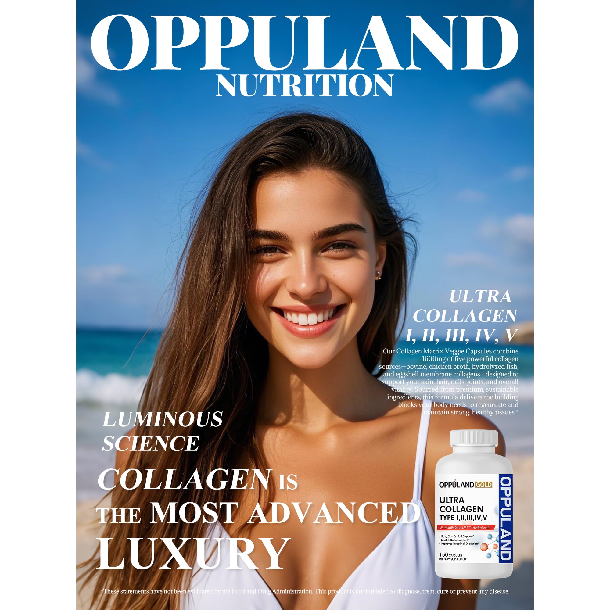 Oppuland Gold Ultra Collagen – Types I, II, III, IV, V – 150 Capsules | Multi Collagen Complex with Kollagen I.V.X™ | Hair, Skin, Nails, Joints & Digestion Support Supplement