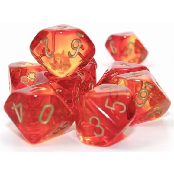 Translucent Red and Yellow Gemini Dice with Gold Numbers D10 16mm (5/8in) Pack of 10 Dice Chessex