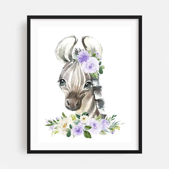 Zebra, Jungle Animals, Safari Animals, Purple Flowers, Gender Neutral Nursery - Illustration Watercolor Animal Floral Whimsical Botanical Black Framed Wall Art Print 9 x 12 inches