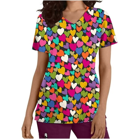

REORIAFEE Womens Valentine s Day Workwear Scrub Tops Tunic Tops Short Sleeve V-Neck Tops Valentine s Day Pockets Blouse Nursing Uniform Red XXL