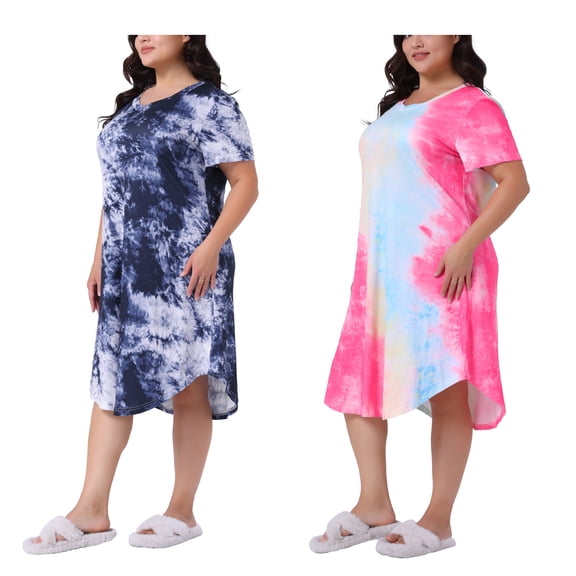 Agnes Orinda Women's Plus Size 2 Pieces Sleepdress Tie Dye Crew Neck Short Sleeve Soft Sleepwear Lounge Midi Nightgowns 1X Hot Pink/Dark Blue