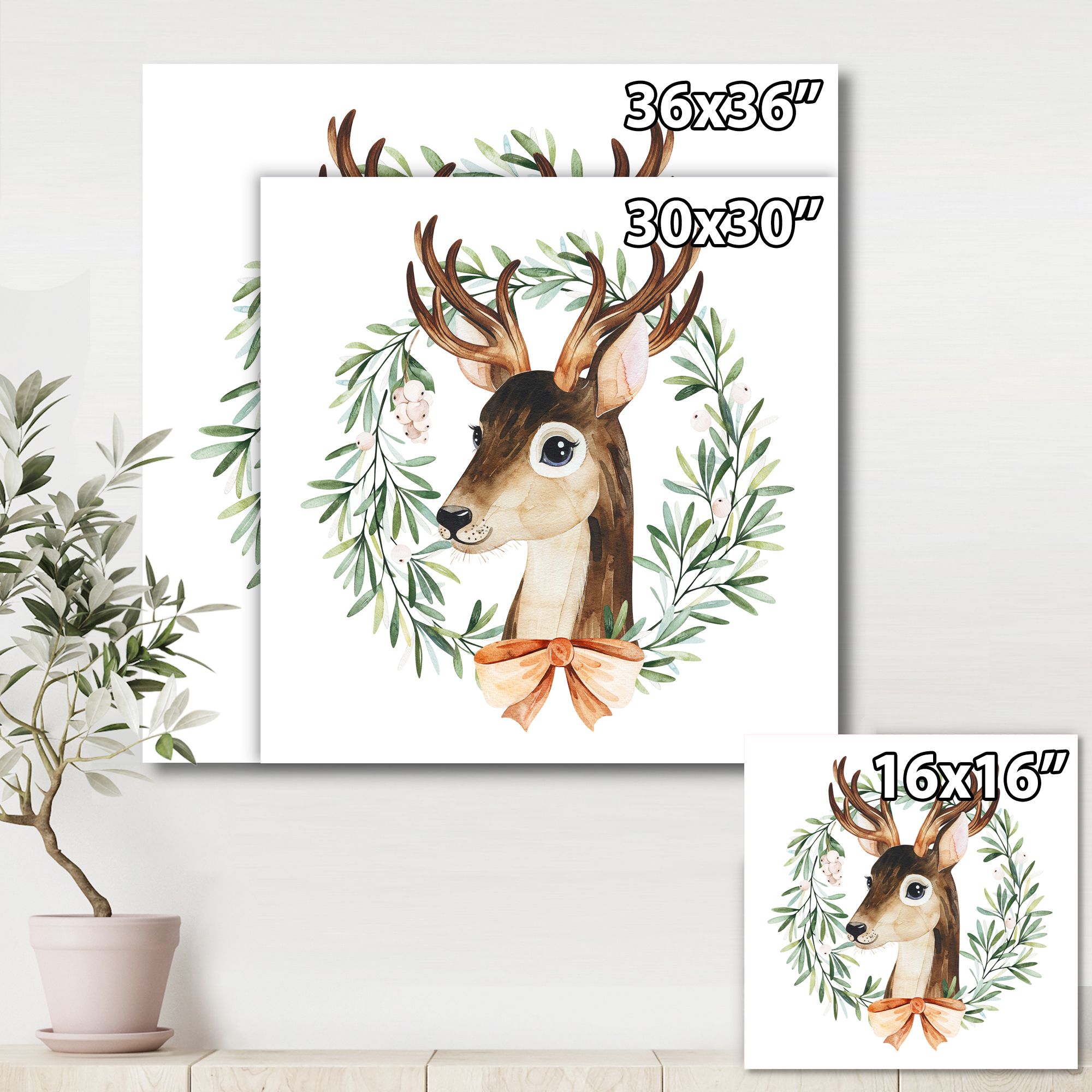 Designart ' Floral Wreath Isolated On White Over Deer ' Farmhouse Canvas Wall Art Print