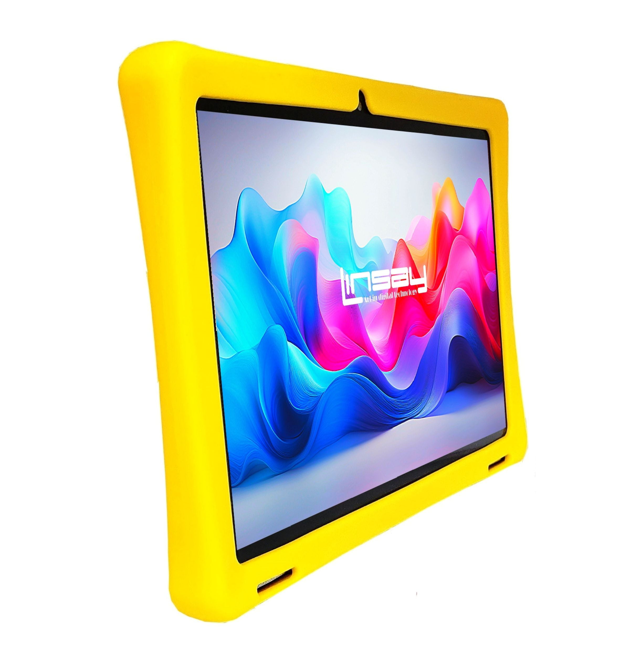 LINSAY 10.1 Octa Core 4GB Ram 128GB Android 15 Tablet for kids, Camera, Apps, Games with Yellow Defender Case, LED Backpack, Earphones, Holder and Pen