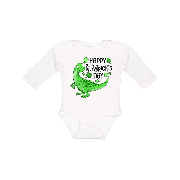 Inktastic Happy St. Patrick's Day- green dinosaur Boys or Girls Long Sleeve Baby Bodysuit