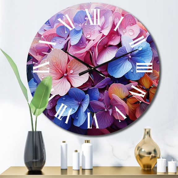 Designart "Pink Blue Hydrangea Blooming Euphony" Floral Oversized Wall Clock