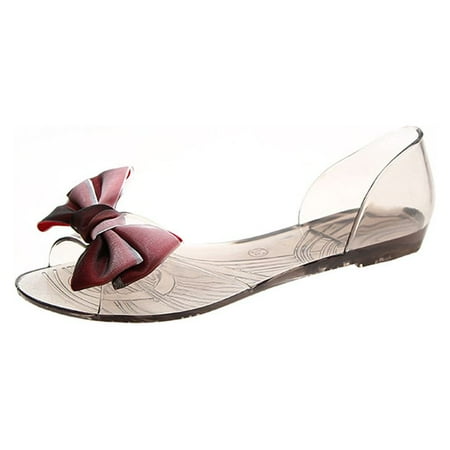 1 Pair Women Summer Transparent Jelly Bowknot Sandals Flats Fish Mouth Flat Slip On Slippers Beach Shoes Dress Wedding Shoes
