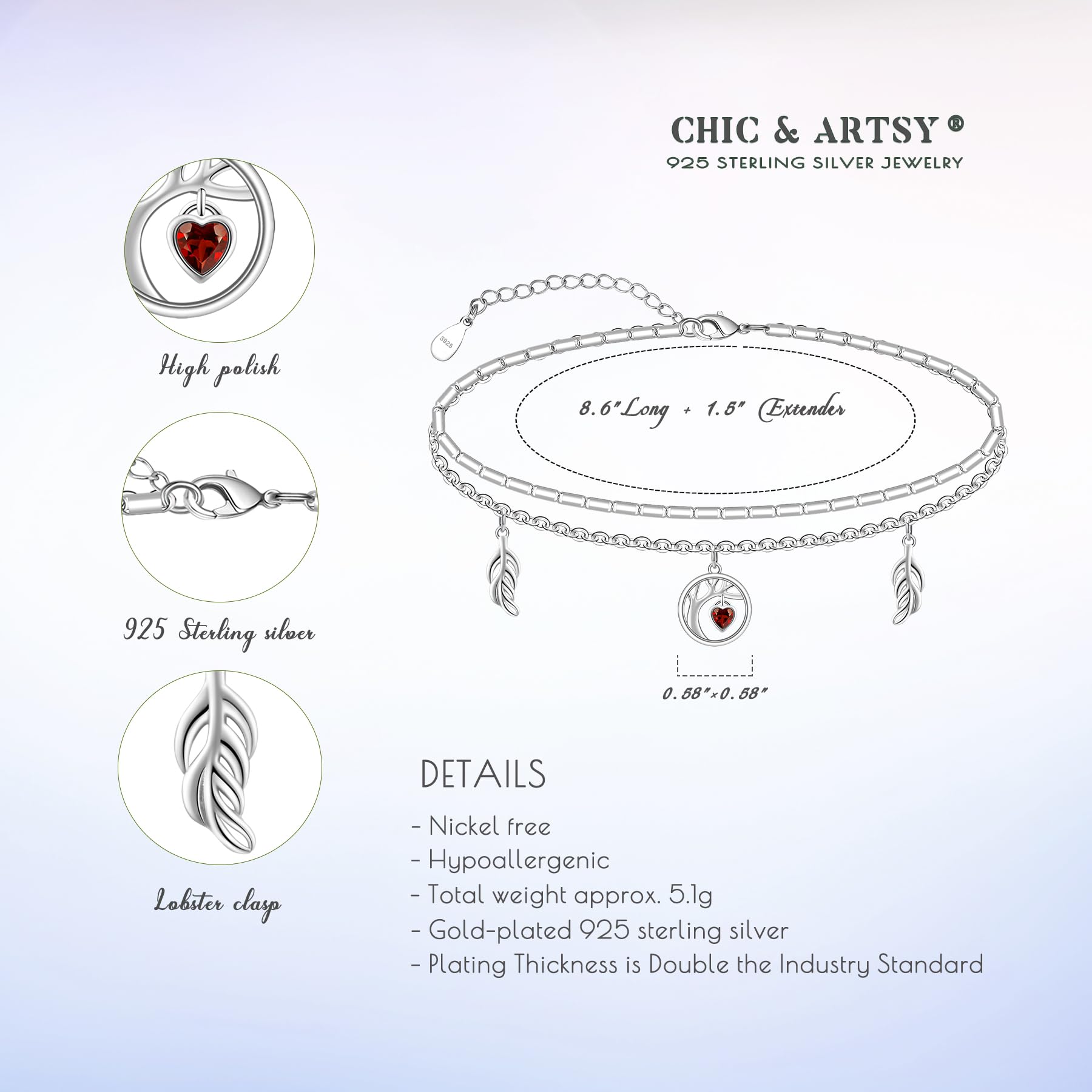 CHIC & ARTSY Anklet 925 Sterling Silver Tree of Life Anklet Heart Shape Zirconia Cute Women's Anklet White Gold Multi-Layers Anklet Adjustable Women's Double Layers Anklet