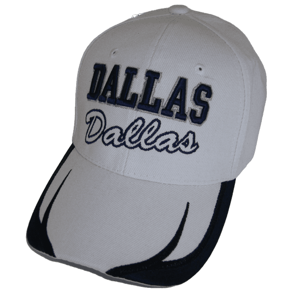 Dallas City Name Block and Script Lettering Baseball Cap with Embroidered Bill (White/Navy)