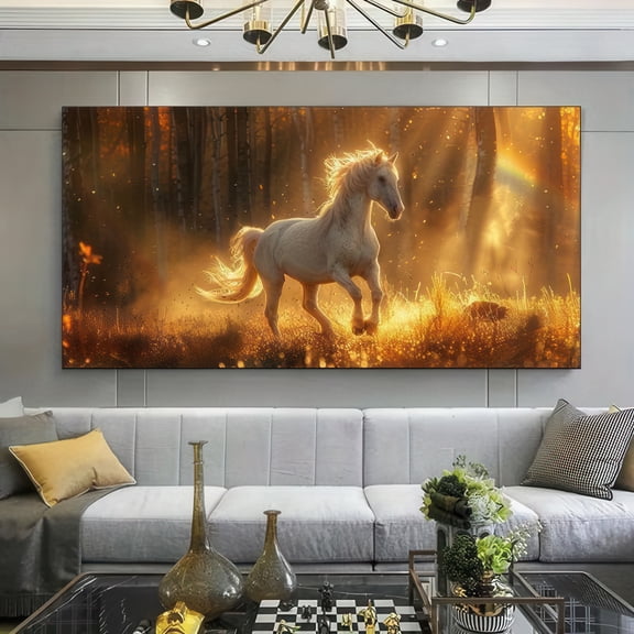 Framed Canvas Wall Art 48x24 Inch White Horse in Golden Forest Scene Modern Home Decor for Living Room Bedroom Office