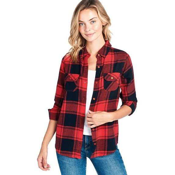 BodiLover, Women's, Warm Flannel Long Roll Up Sleeve Button Up Plaid Shirt, Black Red Plaid, XL